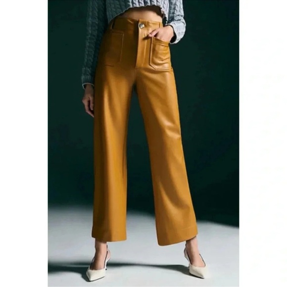 Anthropologie The Colette Cropped Wide Leg Pants Maeve Faux Leather Yellow 28 - Picture 1 of 12